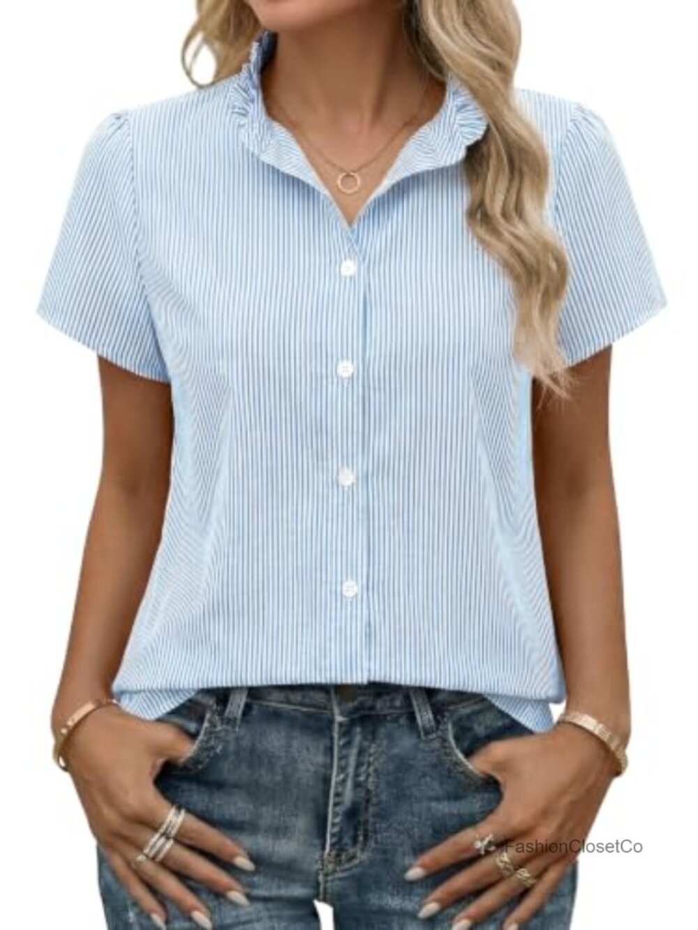 Women's Striped Button Down Short Sleeve Ruffle Collar Work Blouse